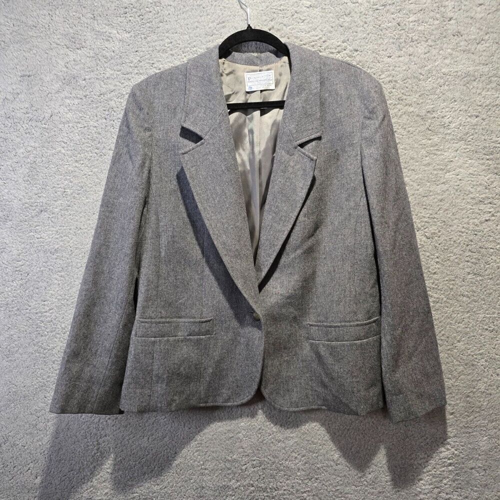 Vtg Pendleton Womens Wool Blazer 16W Gray Puff Sleeve‎ Office Siren Boardroom